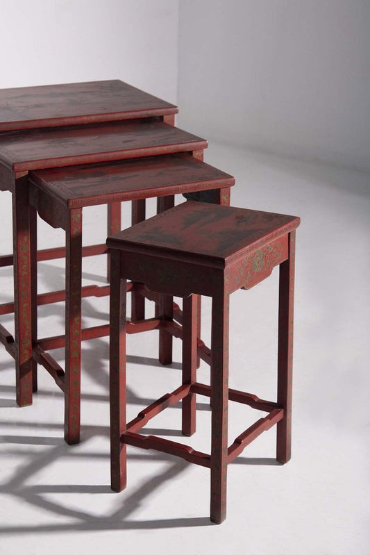 20th Century Chinese Nesting Tables in Red Lacquered Quartetto, 1890, Set of 4