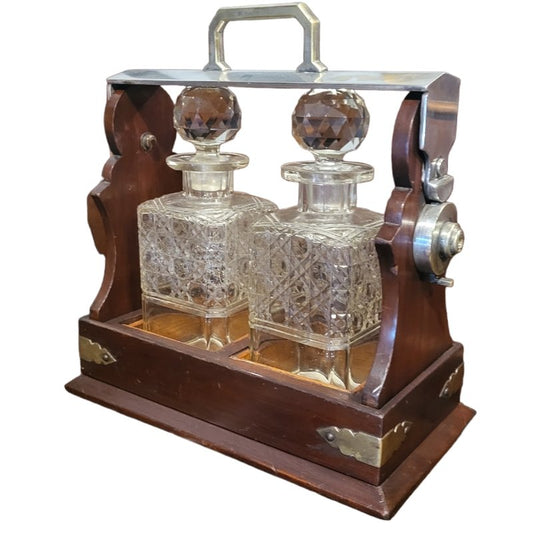 20th Century Cut Glass Decantars and Stoppers on Wood Metal and Brass Framed Tantalus, Set of 3