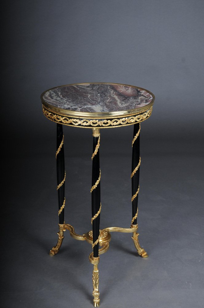 20th Century Empire Black Round Beechwood and Marble Side Table