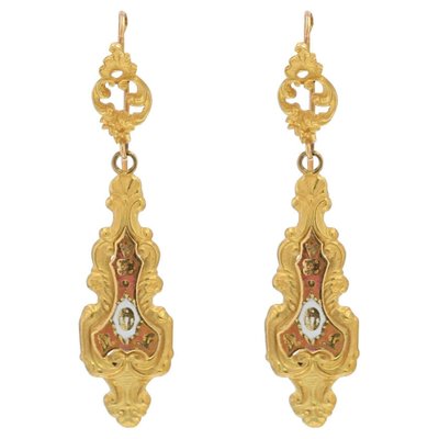 20th Century Enamel 18 Karat Yellow Gold Dangle Earrings, Set of 2-OLU-986175