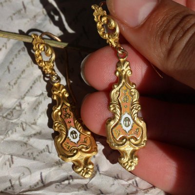 20th Century Enamel 18 Karat Yellow Gold Dangle Earrings, Set of 2-OLU-986175