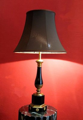 20th Century French Black Enamel Tole and Gilt Bronze Table Lamps with Silk Shade, Set of 2-AXE-1433477