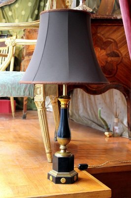 20th Century French Black Enamel Tole and Gilt Bronze Table Lamps with Silk Shade, Set of 2-AXE-1433477