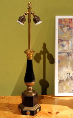 20th Century French Black Enamel Tole and Gilt Bronze Table Lamps with Silk Shade, Set of 2-AXE-1433477