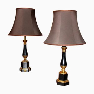 20th Century French Black Enamel Tole and Gilt Bronze Table Lamps with Silk Shade, Set of 2-AXE-1433477