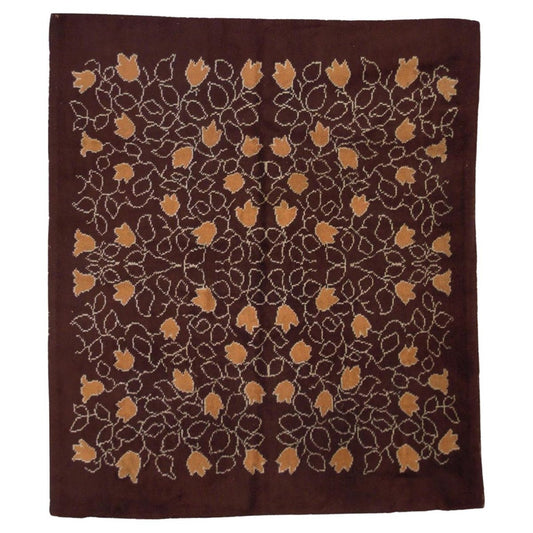 20th Century French Brown & Orange Floreal Square Rug, 1900s