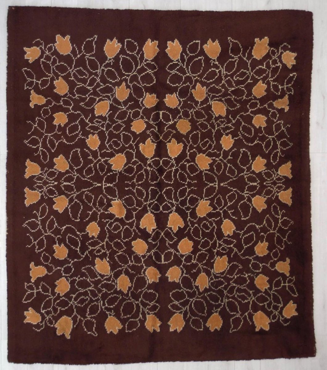 20th Century French Brown & Orange Floreal Square Rug, 1900s