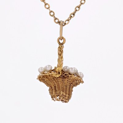 20th Century French Fine Pearl 18 Karat Yellow Gold Basket Pendant, 1890s-OLU-1777371