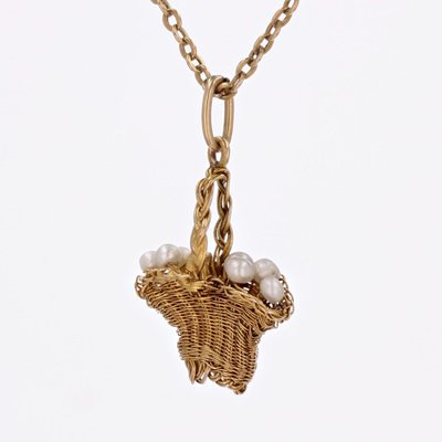 20th Century French Fine Pearl 18 Karat Yellow Gold Basket Pendant, 1890s-OLU-1777371