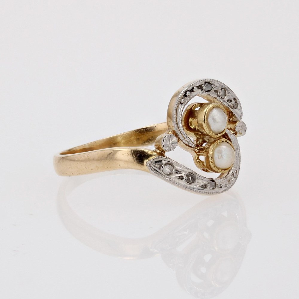 20th Century French Fine Pearl Diamond 18 Karat Yellow Gold You and Me Ring