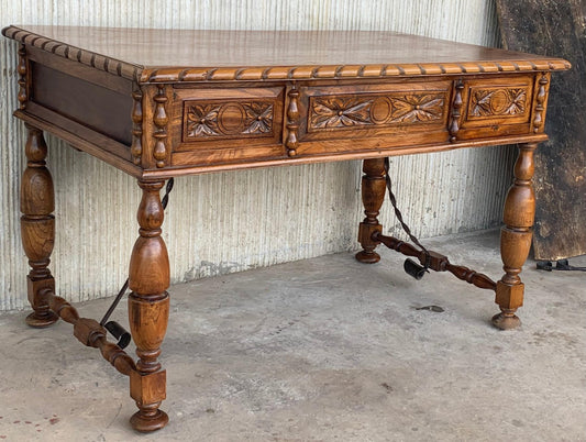 20th-Century French Louis XV Style Carved Walnut Desk with Three Drawers