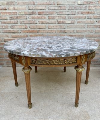 20th Century French Louis XVI Style Bronze, Round Marble & Oak Table-NOU-981879