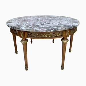 20th Century French Louis XVI Style Bronze, Round Marble & Oak Table-NOU-981879