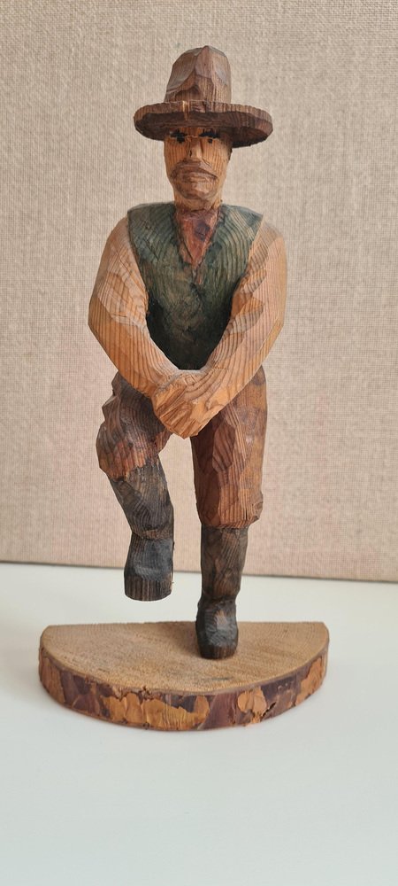 20th Century Hand Carved Naive Wooden Square Dance Cowboy, 1940s