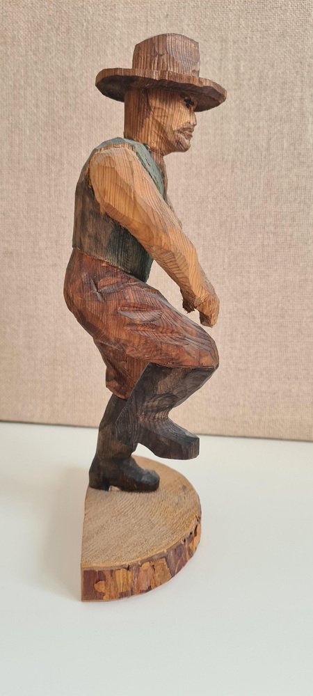 20th Century Hand Carved Naive Wooden Square Dance Cowboy, 1940s