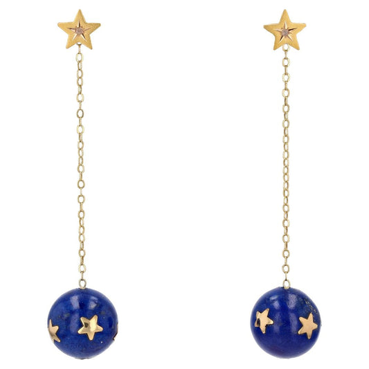 20th Century Lapis-Lazuli Ball, Diamond and 18 Karat Yellow Gold Dangle Star Earrings