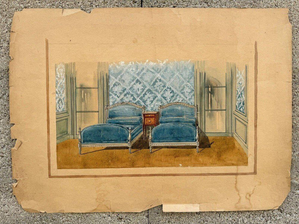 20th Century Louis XXV Bedroom Interior Decoration Project Gouache