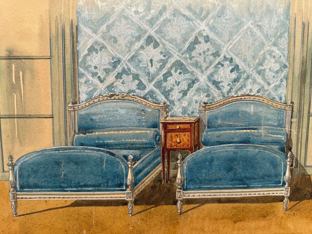 20th Century Louis XXV Bedroom Interior Decoration Project Gouache