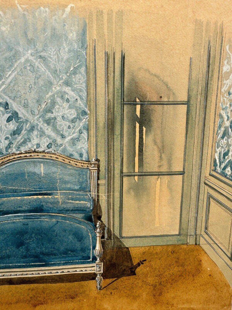 20th Century Louis XXV Bedroom Interior Decoration Project Gouache