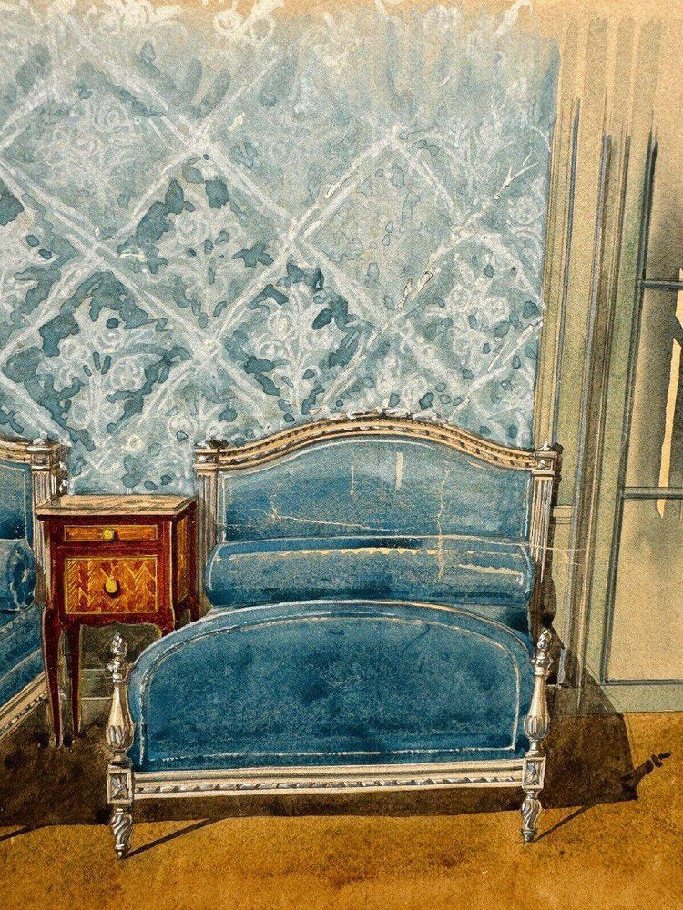 20th Century Louis XXV Bedroom Interior Decoration Project Gouache