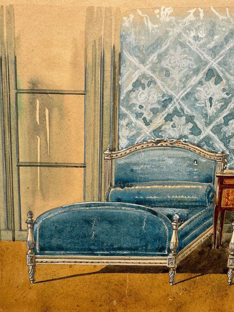 20th Century Louis XXV Bedroom Interior Decoration Project Gouache