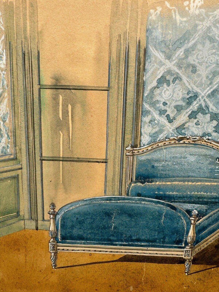 20th Century Louis XXV Bedroom Interior Decoration Project Gouache