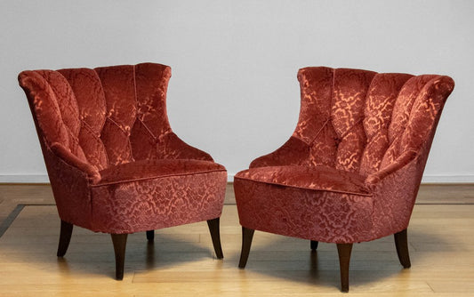 20th Century Napoleon III Armchairs in Velvet Jacquard Tone-on-Tone Brick, Set of 2