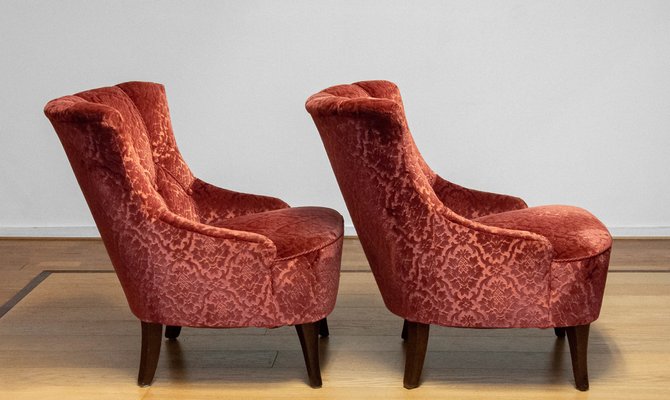 20th Century Napoleon III Armchairs in Velvet Jacquard Tone-on-Tone Brick, Set of 2