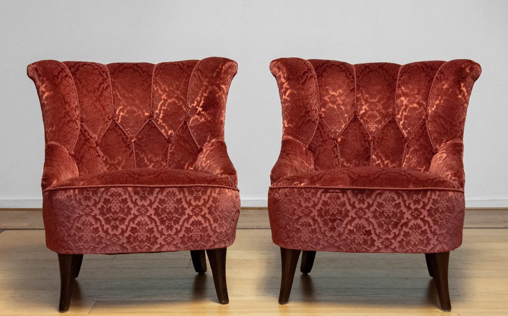 20th Century Napoleon III Armchairs in Velvet Jacquard Tone-on-Tone Brick, Set of 2