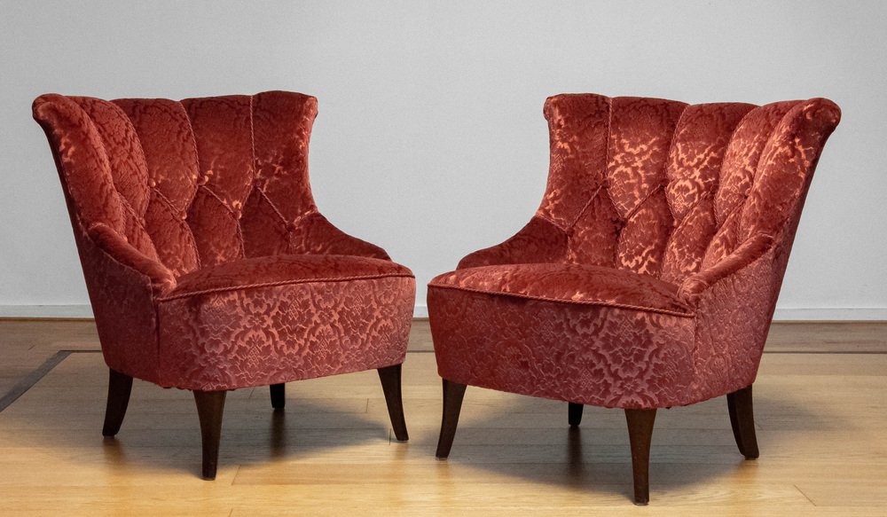 20th Century Napoleon III Armchairs in Velvet Jacquard Tone-on-Tone Brick, Set of 2