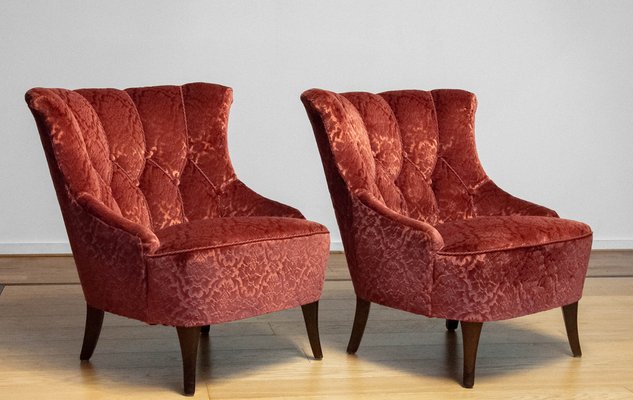 20th Century Napoleon III Armchairs in Velvet Jacquard Tone-on-Tone Brick, Set of 2-JE-1802105