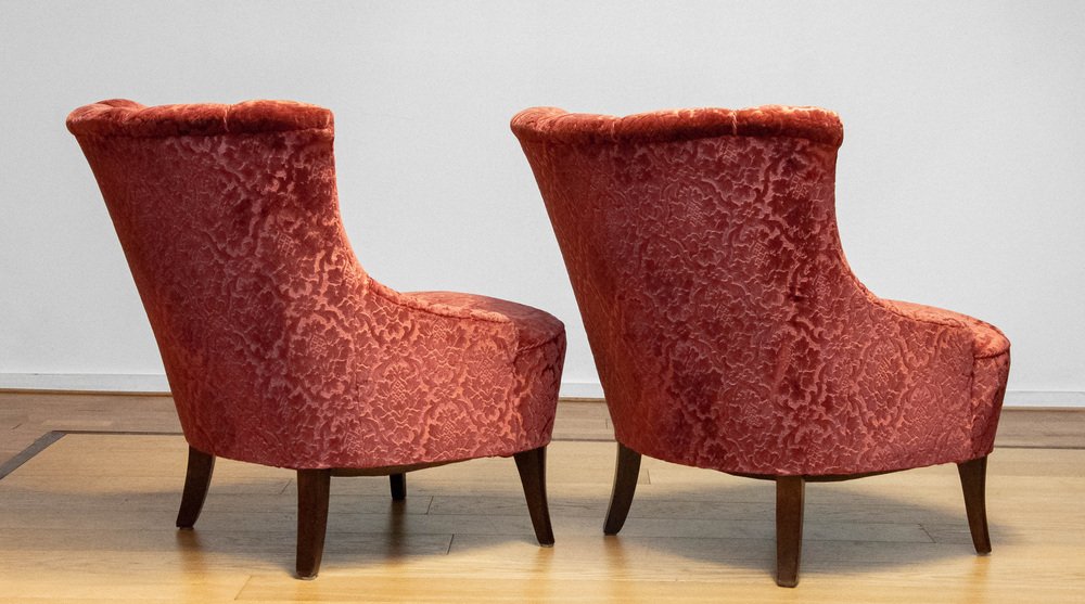 20th Century Napoleon III Armchairs in Velvet Jacquard Tone-on-Tone Brick, Set of 2