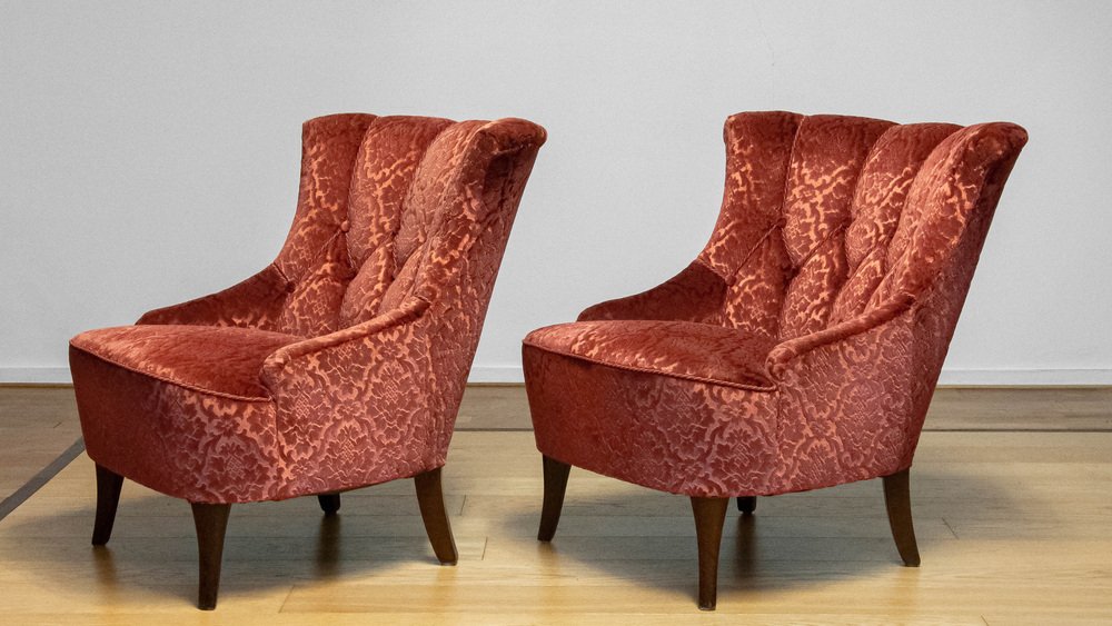 20th Century Napoleon III Armchairs in Velvet Jacquard Tone-on-Tone Brick, Set of 2