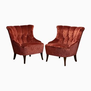 20th Century Napoleon III Armchairs in Velvet Jacquard Tone-on-Tone Brick, Set of 2-JE-1802105