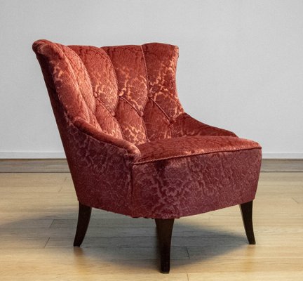 20th Century Napoleon III Slipper Chair in Brique Ton Sur Ton Jacquard Velvet, 1920s-JE-1802180