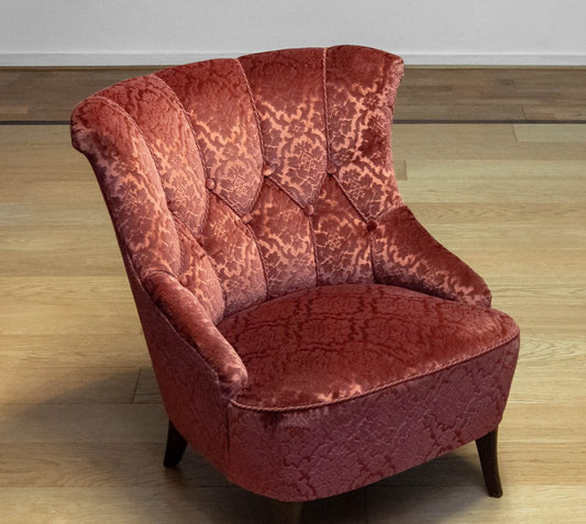 20th Century Napoleon III Slipper Chair in Brique Ton Sur Ton Jacquard Velvet, 1920s