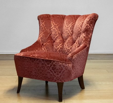 20th Century Napoleon III Slipper Chair in Brique Ton Sur Ton Jacquard Velvet, 1920s-JE-1802180