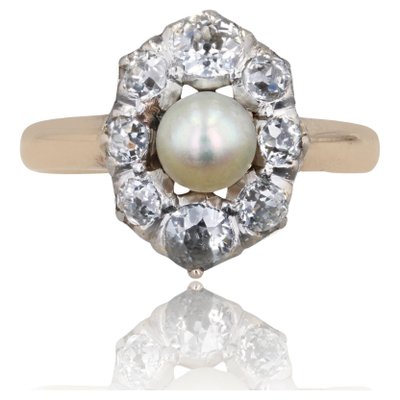 20th Century Pearl Diamonds Yellow Gold Platinum Marquise Ring-OLU-1719628