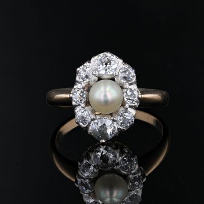 20th Century Pearl Diamonds Yellow Gold Platinum Marquise Ring-OLU-1719628