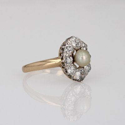 20th Century Pearl Diamonds Yellow Gold Platinum Marquise Ring-OLU-1719628