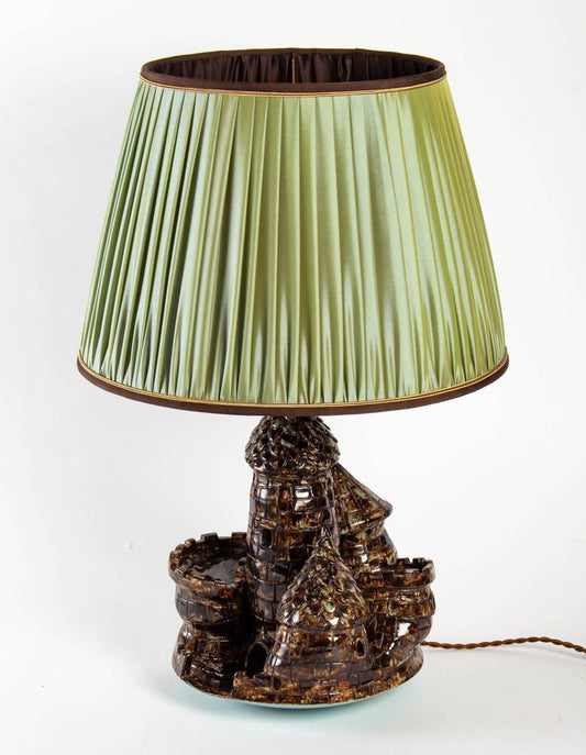 20th Century Primavera Ceramic Lamp with Pleated Silk Shade