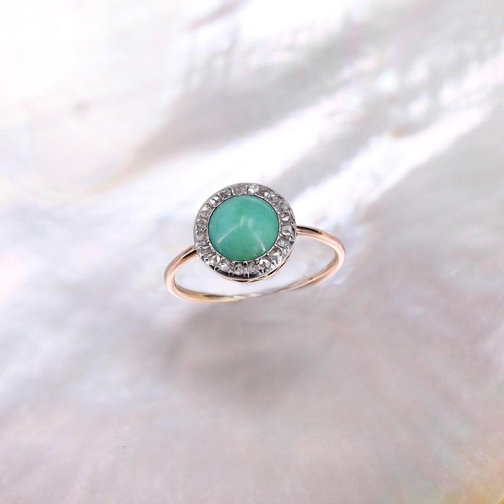 20th Century Round Turquoise, Diamonds and 18 Karat Rose Gold Ring