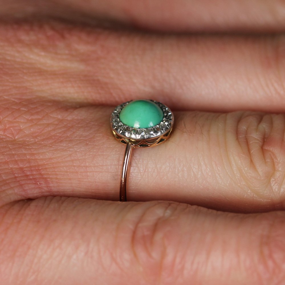 20th Century Round Turquoise, Diamonds and 18 Karat Rose Gold Ring