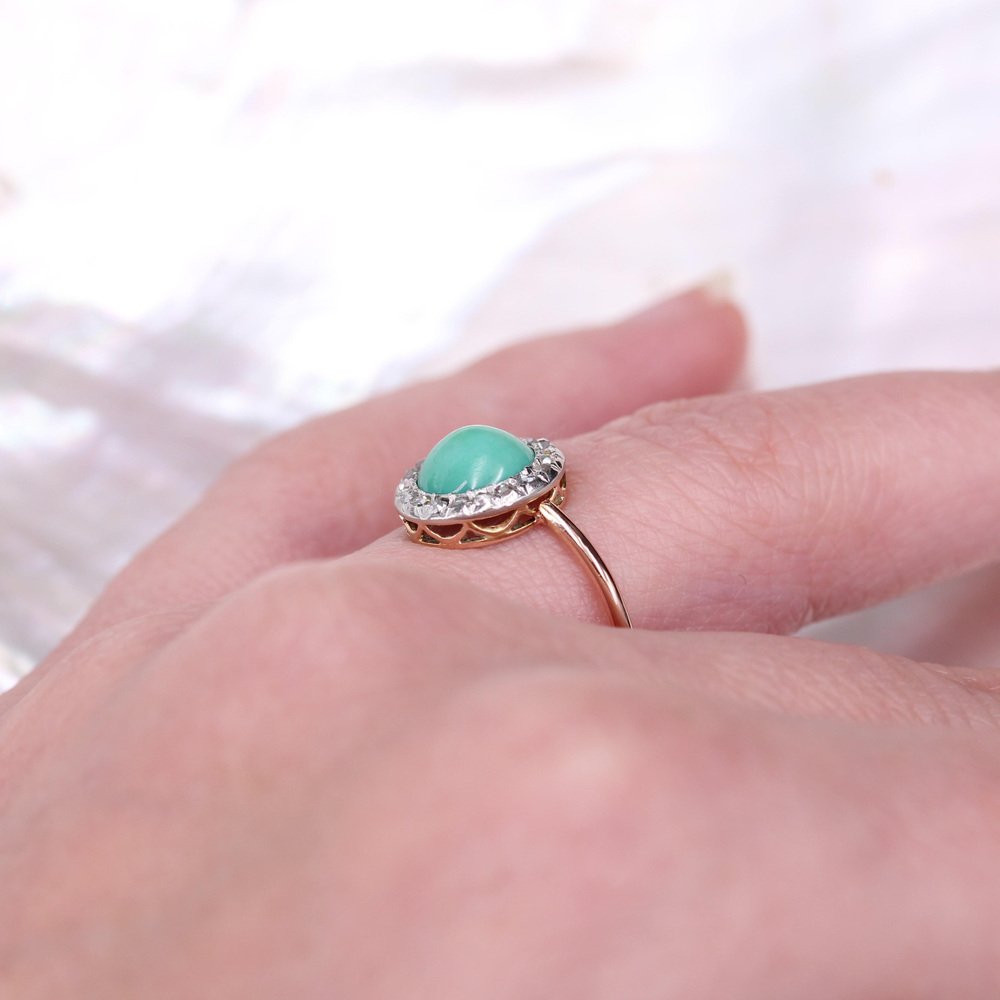 20th Century Round Turquoise, Diamonds and 18 Karat Rose Gold Ring