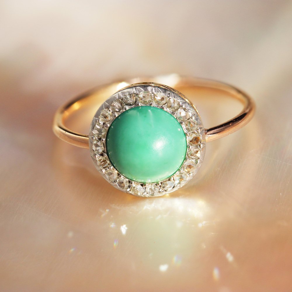 20th Century Round Turquoise, Diamonds and 18 Karat Rose Gold Ring