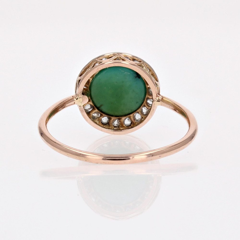 20th Century Round Turquoise, Diamonds and 18 Karat Rose Gold Ring