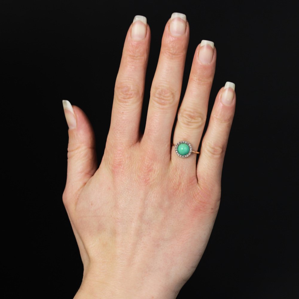 20th Century Round Turquoise, Diamonds and 18 Karat Rose Gold Ring