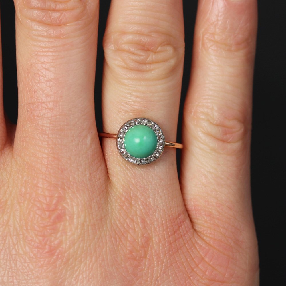 20th Century Round Turquoise, Diamonds and 18 Karat Rose Gold Ring