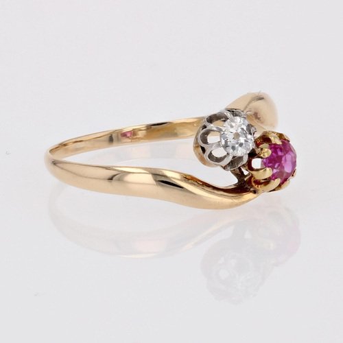 20th Century Ruby Diamond 18 Karat Yellow Gold You and Me Ring