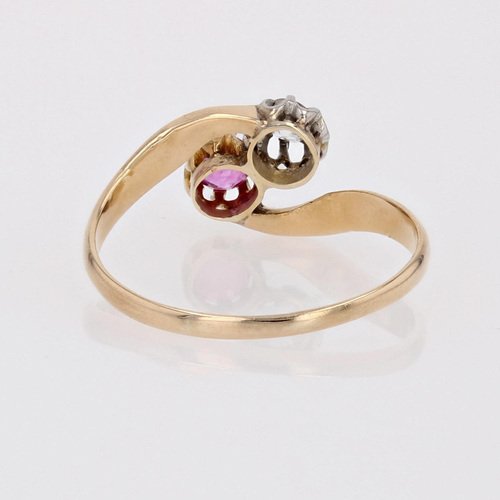 20th Century Ruby Diamond 18 Karat Yellow Gold You and Me Ring